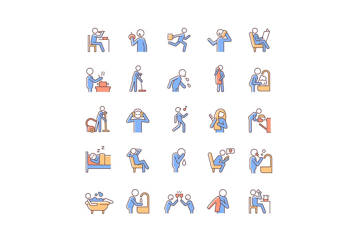Human behaviour RGB color icons set