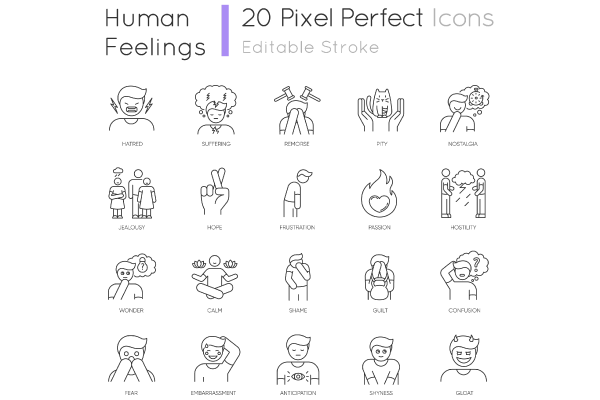 Human feelings pixel perfect linear icons set