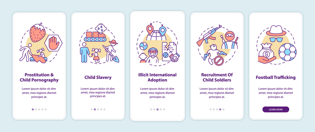 Human trafficking related onboarding mobile app page screen bundle