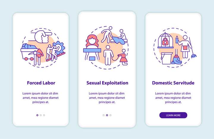 Human trafficking related onboarding mobile app page screen bundle