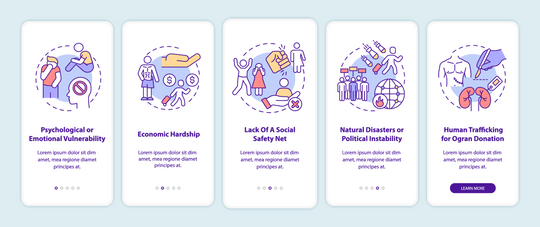 Human trafficking related onboarding mobile app page screen bundle
