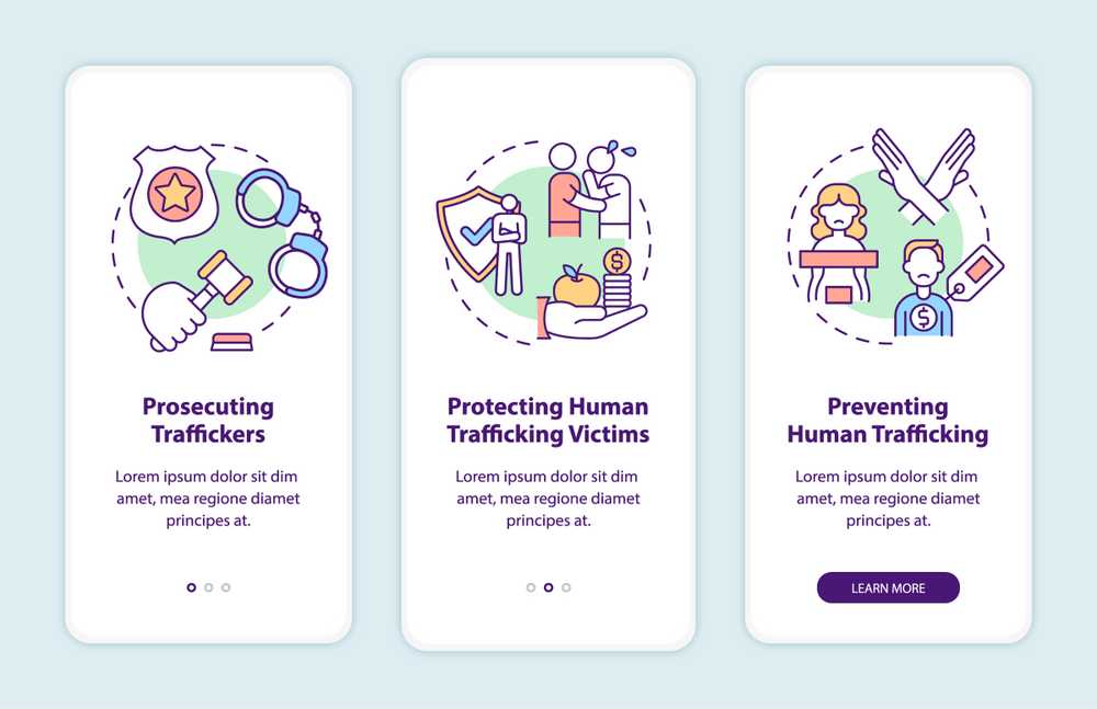 Human trafficking related onboarding mobile app page screen bundle