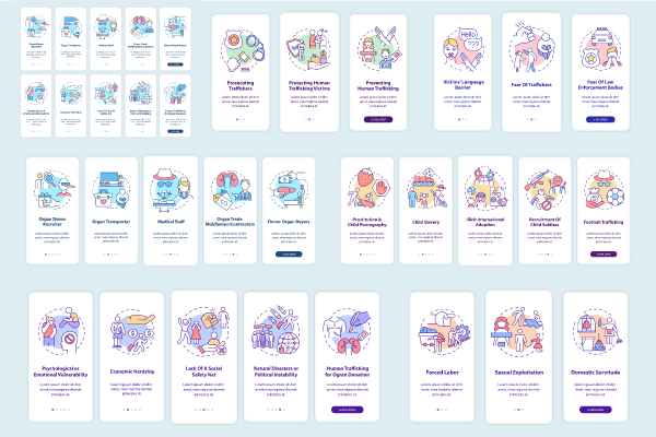 Human trafficking related onboarding mobile app page screen bundle