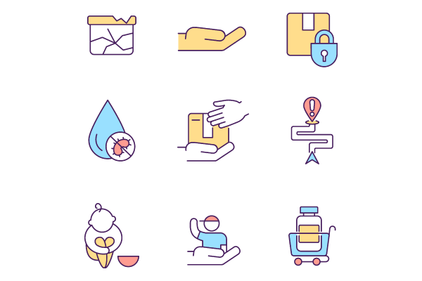 Humanitarian aid types RGB color icons set