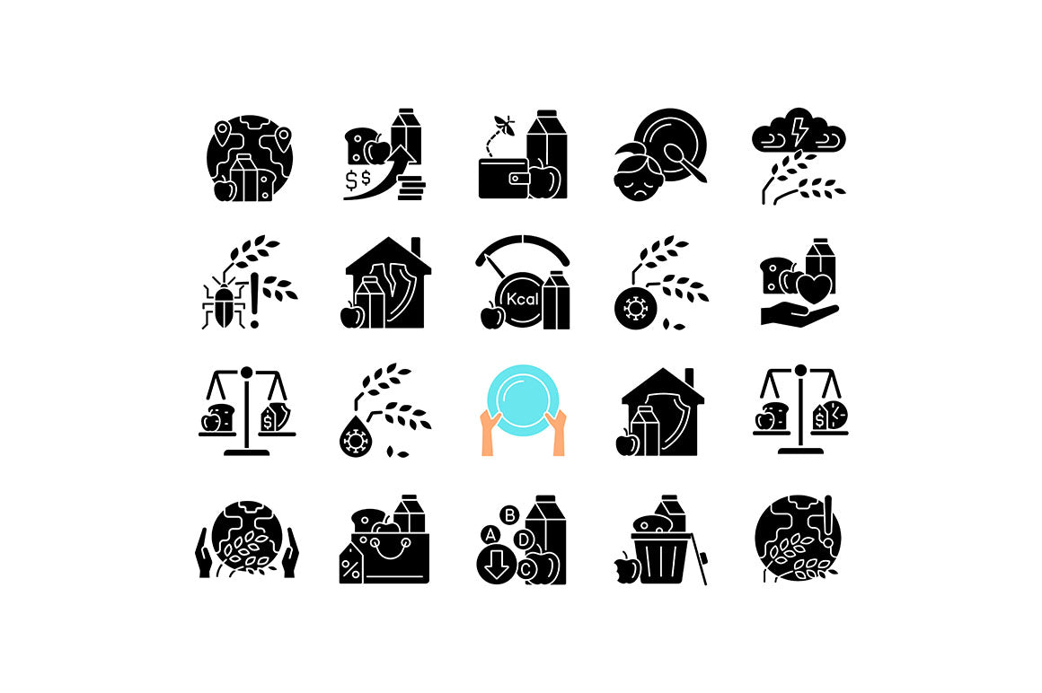 Hunger and food security black glyph icons set on white space