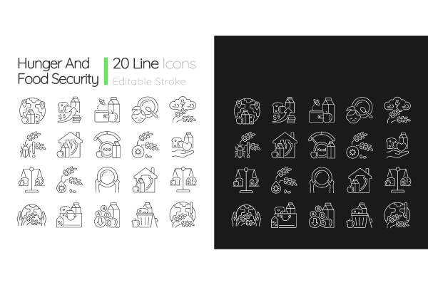 Hunger and food security linear icons set for dark and light mode