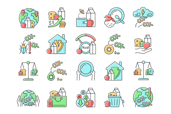 Hunger and food security RGB color icons set
