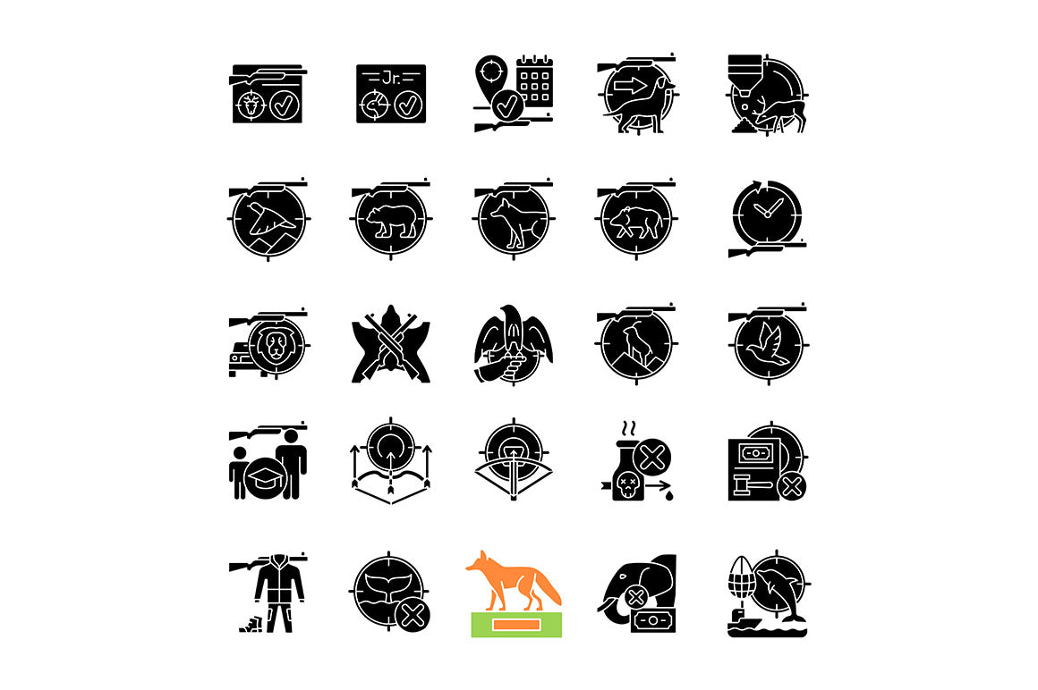 Hunting black glyph icons set on white space