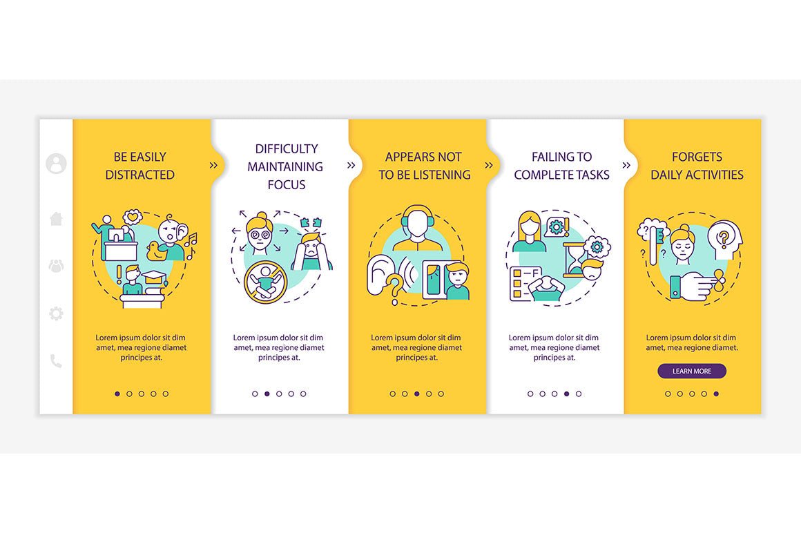 Hyperactive impulsive ADHD signs onboarding vector templates bundle