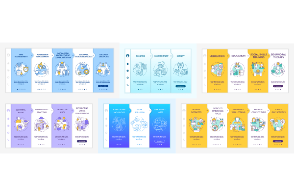 Hyperactive impulsive ADHD signs onboarding vector templates bundle
