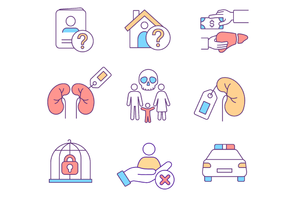 Illegal human trade related RGB color icons set