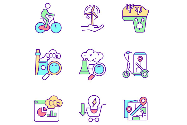 Improving urban air quality RGB color icons set