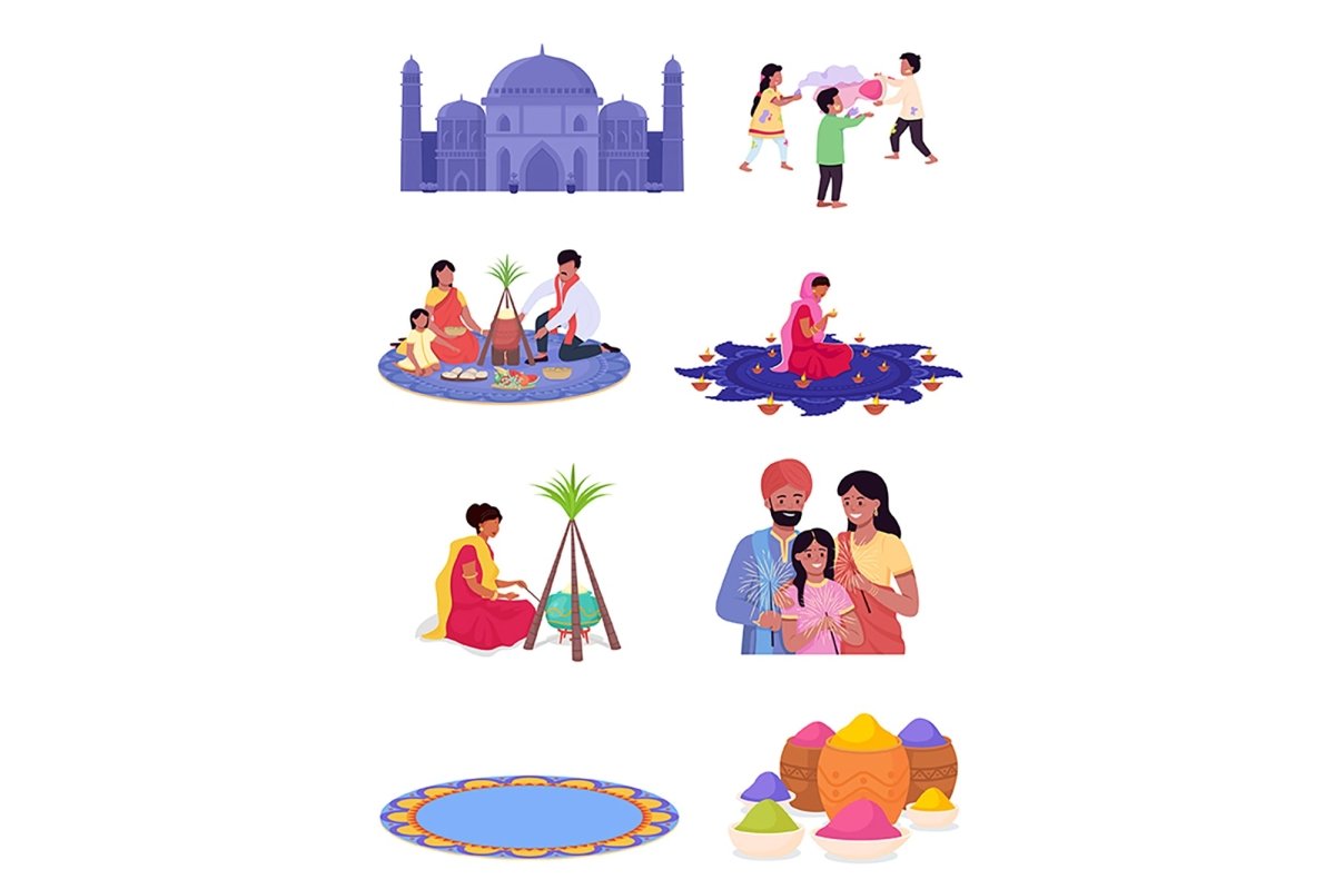 Indian tradition color vector illustrations set