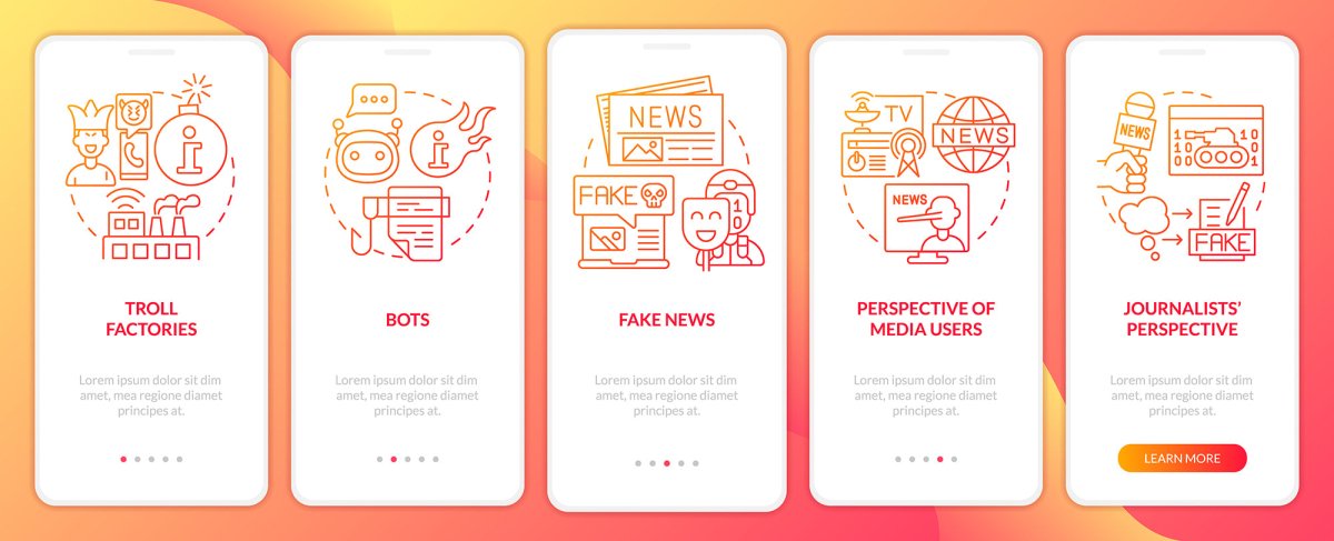 Information war over Internet red gradient onboarding mobile app screen