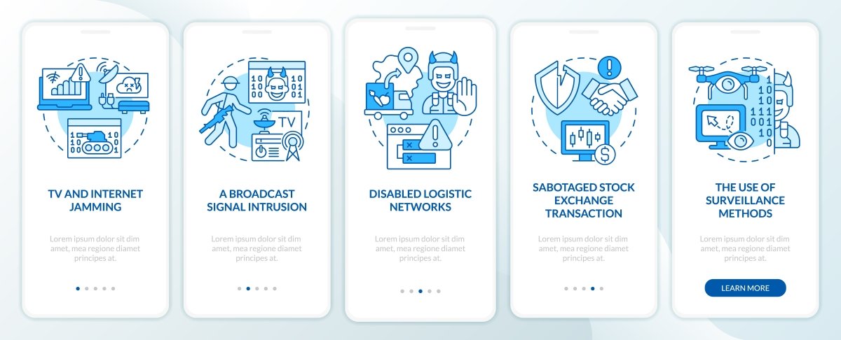 Information warfare blue onboarding mobile app screen set