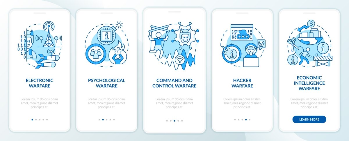 Information warfare blue onboarding mobile app screen set
