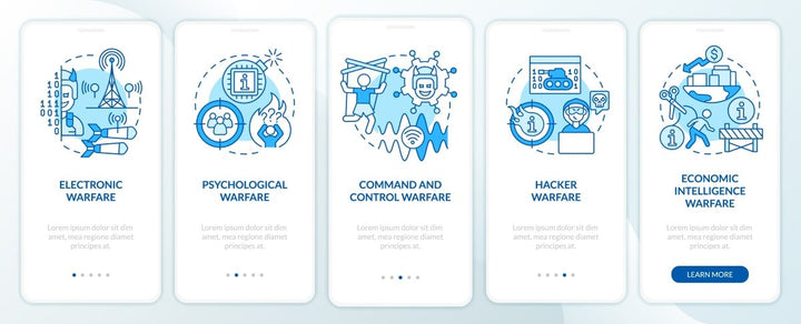 Information warfare blue onboarding mobile app screen set