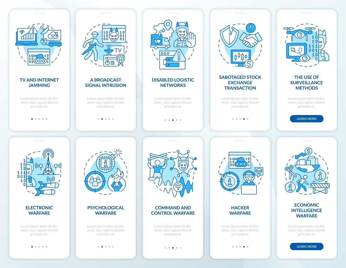 Information warfare blue onboarding mobile app screen set