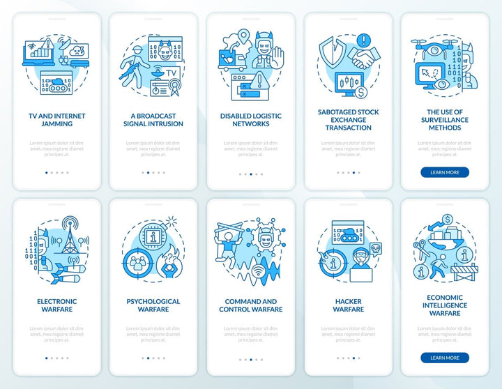 Information warfare blue onboarding mobile app screen set