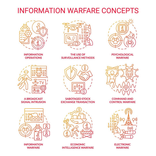 Information warfare red gradient concept icons set