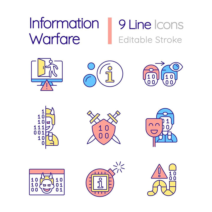 Information warfare RGB color icons set
