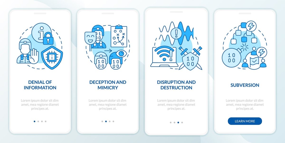 Information warfare tactics blue onboarding mobile app screen