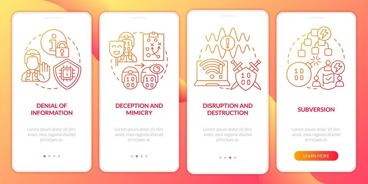 Information warfare tactics red gradient onboarding mobile app screen