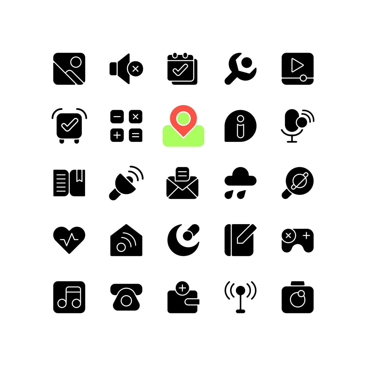 Interface black glyph icons set on white space