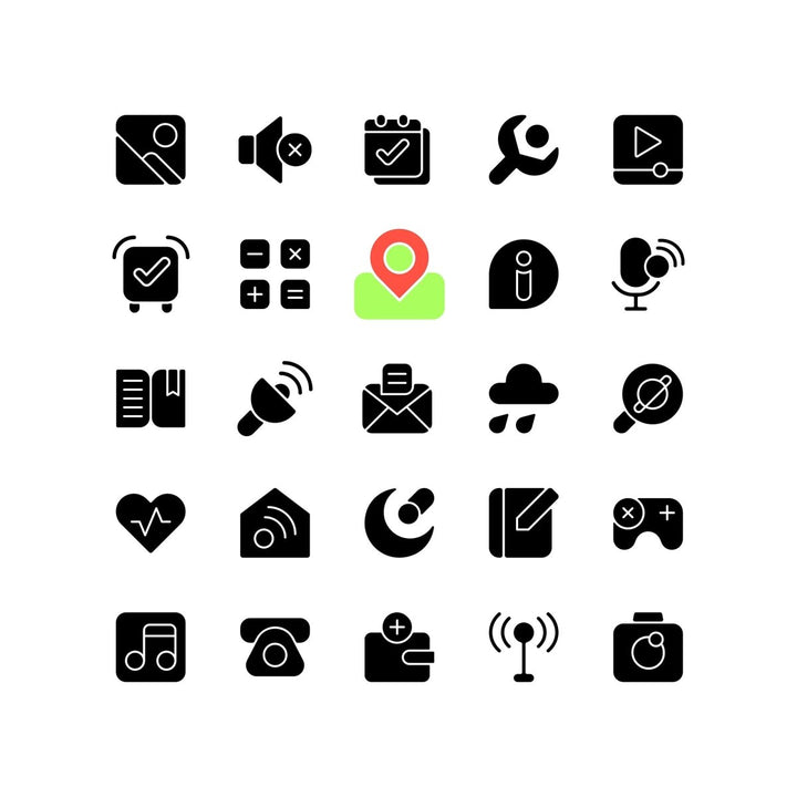 Interface black glyph icons set on white space