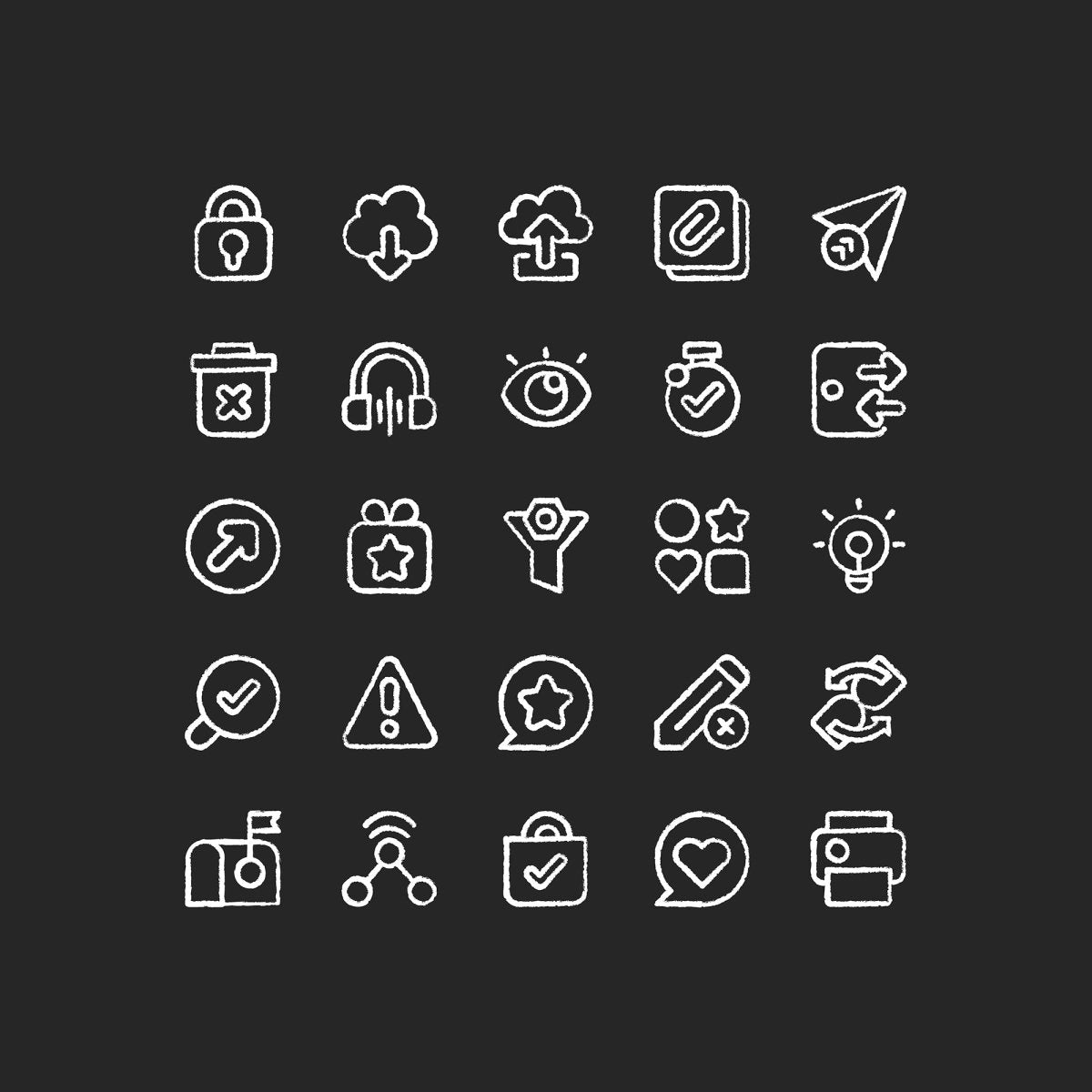 Interface chalk white icons set on black background