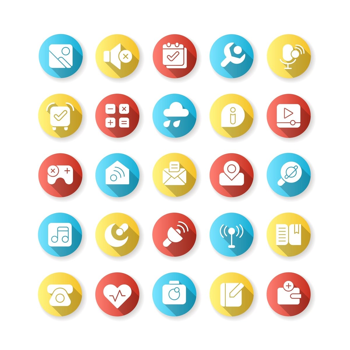 Interface flat design long shadow glyph icons set