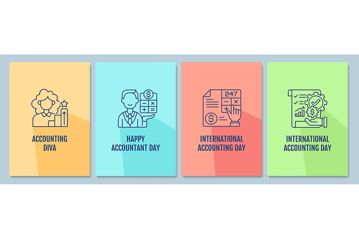 International accounting holiday postcards with linear glyph icon set