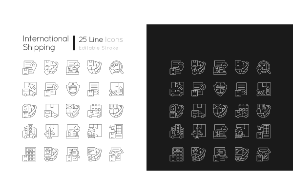 International logistics business linear icons set