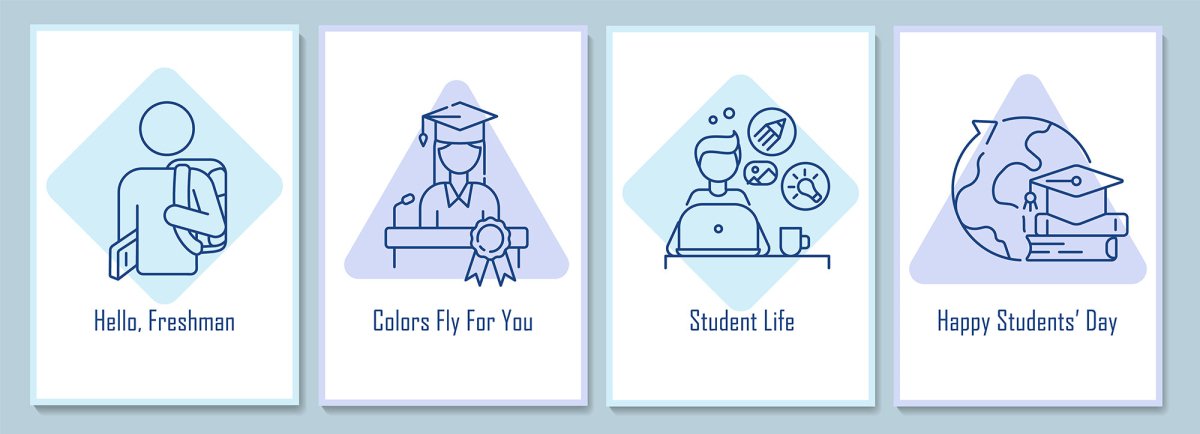 International students day postcards with linear glyph icon set