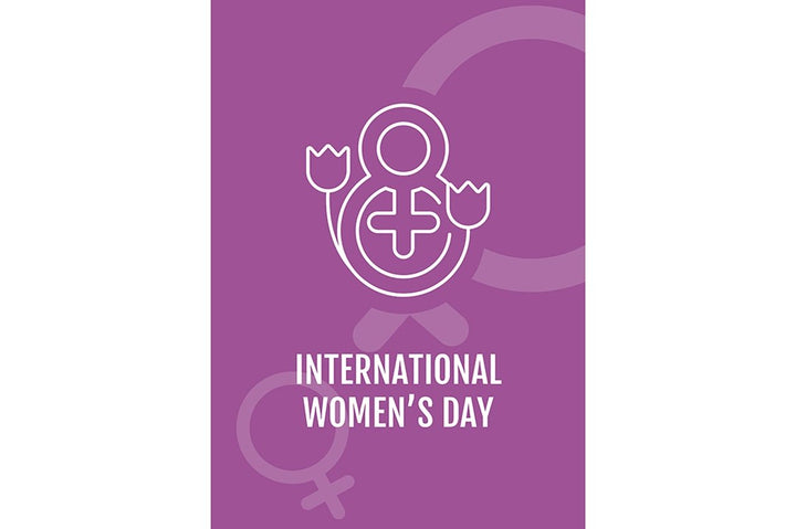 International women day postcard with linear glyph icon set