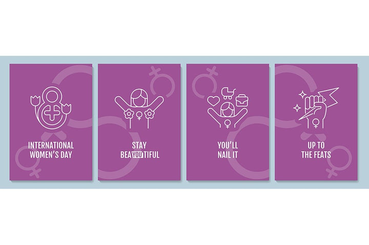 International women day postcard with linear glyph icon set