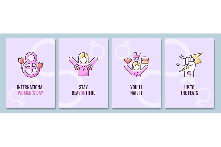 International women day purple greeting card with color icon element set