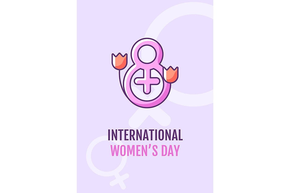 International women day purple greeting card with color icon element set