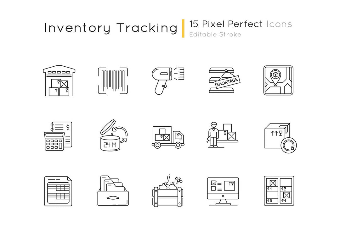 Inventory tracking pixel perfect linear icons set