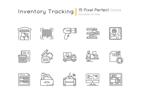 Inventory tracking pixel perfect linear icons set