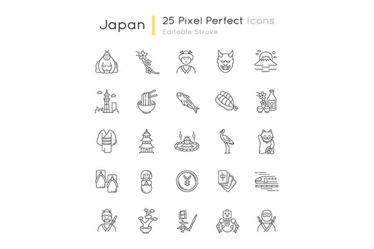 Japan pixel perfect linear icons set