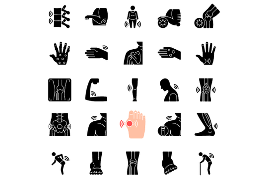 Joints pain black glyph icons set on white space