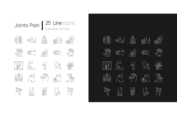 Joints pain linear icons set for dark and light mode