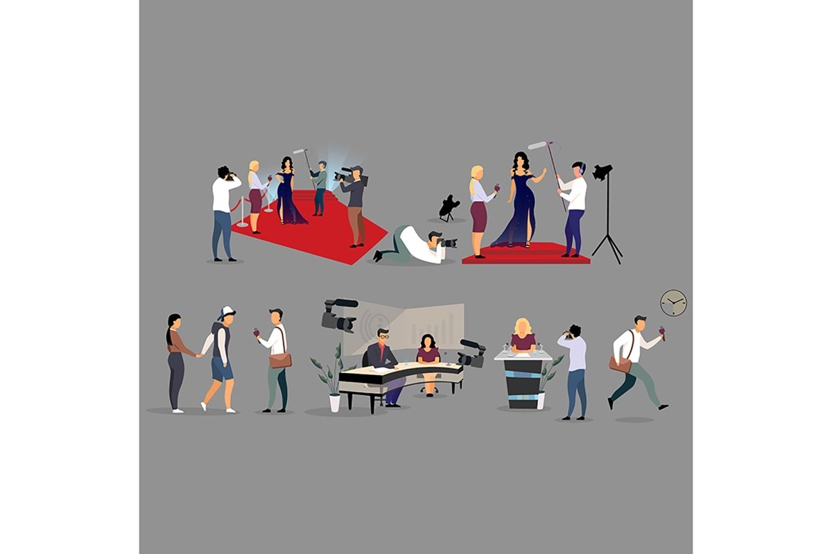 Journalist interviewing flat illustration set