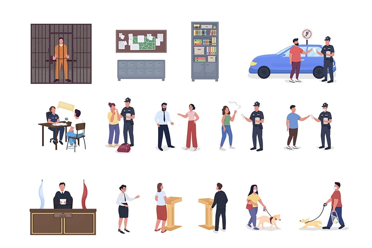 Justice workers flat color vector illustration set
