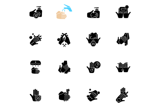 Keeping hands clean black glyph icons set on white space