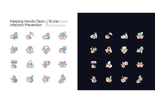 Keeping hands clean light and dark theme RGB color icons set