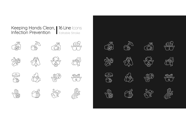 Keeping hands clean linear icons set for dark and light mode