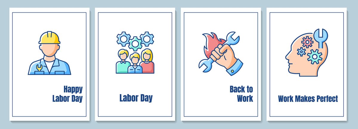 Labor day celebration greeting cards with color icon element set