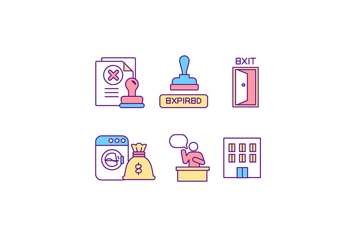 Legislation for illegal cases RGB color icons set